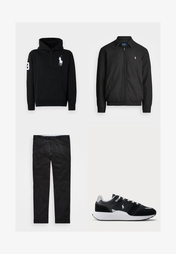 Juodas bombonešis, pagamintas iš lygios medžiagos, su užtrauktuku priekyje, elastingomis rankogaliais, šalutinėmis kišenėmis ir maža siuvinėta logotipu ant krūtinės.; Juodas džemperis su gobtuvu, pagamintas iš medvilnės, su priekyje esančia kišenė, su raišteliais ir baltu polo žaidėjo logotipu su 3 ant rankovės.; Juodos kelnės su tiesiomis kojomis, pagamintos iš medvilnės ir poliesterio mišinio, su užtrauktuku, diržo kilputėmis ir šoninėmis kišenėmis. Lygus paviršius.; Juoda ir balta žema sneakeris su tinklo ir zomšos viršumi, baltais raišteliais, balta pado dalimi ir polo žaidėjo logotipu šone.