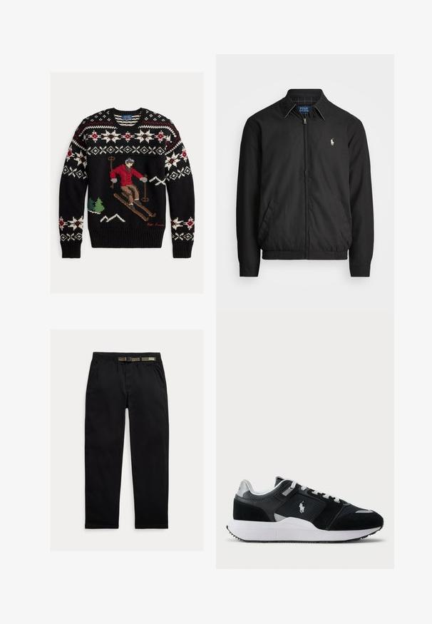 Veste bomber noire en matériau lisse, dotée d'une fermeture éclair à l'avant, de poignets élastiques, de poches latérales et d'un petit logo brodé sur la poitrine.; Pull en tricot noir présentant une scène de ski en tons rouges, verts et bruns. La conception est ornée de flocons de neige et de motifs de montagne en blanc et rouge.; Pantalon noir en tissu léger, avec une taille élastique intégrant une ceinture verte, coupe droite et poches latérales.; Baskets basses noir et blanc avec une tige en mesh et en daim, lacets blancs, semelle blanche et un logo de joueur de polo sur le côté.