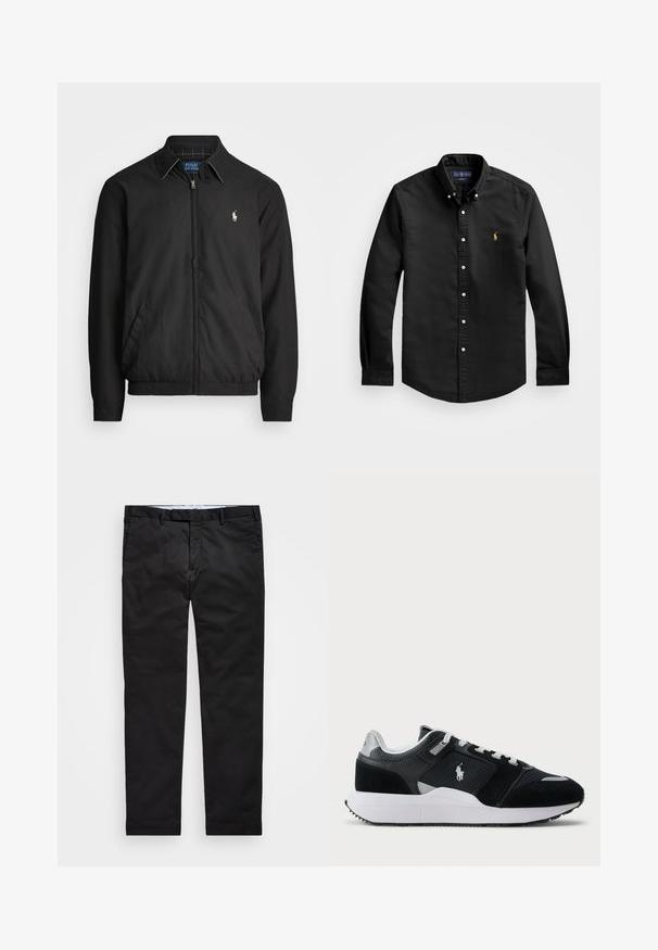 Casaco bomber preto feito de material liso, com fecho éclair à frente, punhos elásticos, bolsos laterais e um pequeno logótipo bordado no peito.; Camisa de botão de manga longa preta em tecido de algodão suave, com colarinho clássico e um pequeno logótipo dourado no peito esquerdo.; Chinos pretos com um corte reto, feitos de tecido em mistura de algodão, apresentando fecho de zíper, passantes para cinto e bolsos laterais. Textura suave.; Sapatilha baixa em preto e branco com parte superior em malha e camurça, atacadores brancos, sola branca e um logo de jogador de polo na lateral.