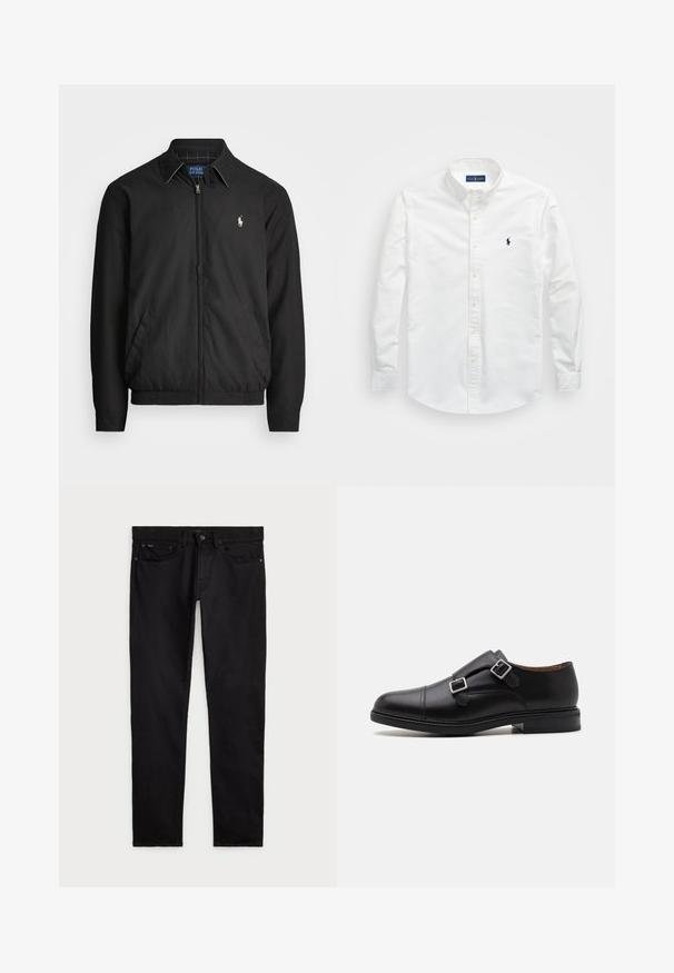 Fekete bomber dzseki sima anyagból, elülső cipzárral, rugalmas mandzsettákkal, oldalsó zsebekkel és egy kis hímzett logóval a mellen.; Fehér, pamut anyagból készült ing, gombos kialakítással. Jellemzői a hegyes gallér, a hosszú ujjú fazon és egy kis, sötétkék logó a mellrészen. Simaság jellemzi.; Fekete farmernadrág, klasszikus öt zsebes dizájnnal, gombos záródással és egyenes lábszárral, sima, egyenletes textúrával.; Fekete bőrből készült cipő dupla csatolóval, lekerekített orral, diszkrét varrással, és lapos, texturált gumitalppal.