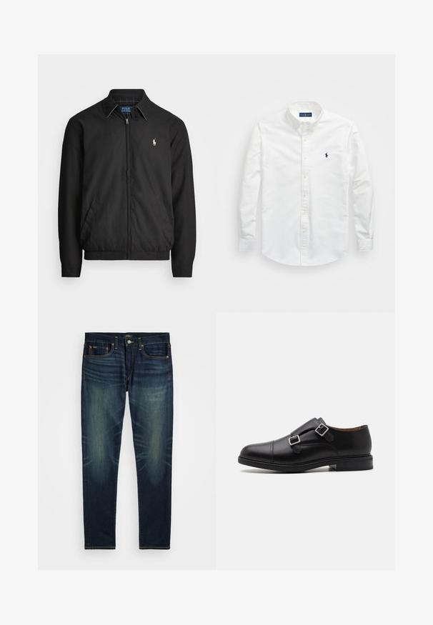 Must musta jakk, mis on valmistatud siledast materjalist. Selles on ettepoole tõmmatav tõmblukk, elastsed mansetid, küljetaskud ja rindkere peal väike tikandiga logo.; Valge puuvillane särk, millel on nokk-krae, pikad varrukad ja väike tumesinine logo rinnal. Sile pind.; Tumedat sinised teksad kitsas lõikega, kontrastõmblustega ja peene kulumisefektiga. Nelja taskuga ja tõmblukuga sulgemine.; Must musta lähedane king, millel on topelt luku sulgemine, ümar varvas, peened õmblused ja lame, tekstureeritud kummitald.