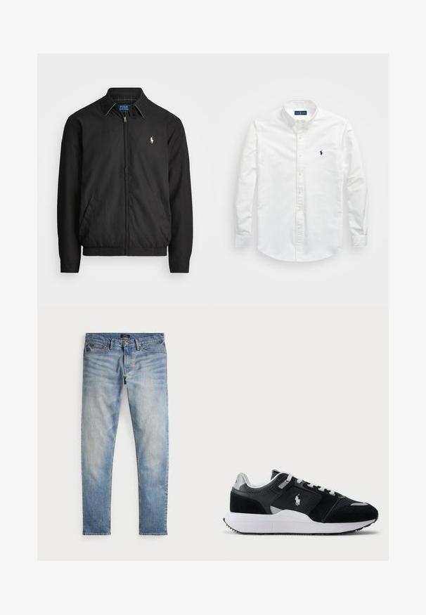 Juodas bombonešis, pagamintas iš lygios medžiagos, su užtrauktuku priekyje, elastingomis rankogaliais, šalutinėmis kišenėmis ir maža siuvinėta logotipu ant krūtinės.; Balta marškiniai su mygtukais, pagaminti iš medvilnės. Turi smailų apykaklę, ilgus rankovius ir nedidelį tamsiai mėlyną logotipą ant krūtinės. Lygus tekstūra.; Šviesiai mėlyni džinsai su išblukusiu paviršiumi, penkių kišenių dizainu ir kontrastingomis siūlėmis. Turi užtrauktuką ir diržo kilpas. Tiesus kirpimas.; Juoda ir balta žema sneakeris su tinklo ir zomšos viršumi, baltais raišteliais, balta pado dalimi ir polo žaidėjo logotipu šone.
