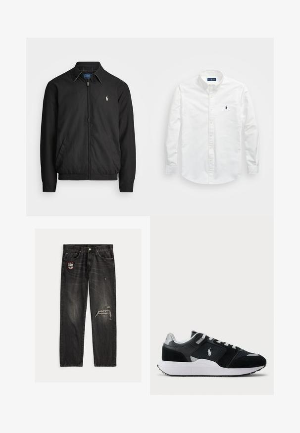 Melna bomber jaka, izgatavota no gludas auduma, ar rāvējslēdzēja priekšpusi, elastīgām piedurknēm, sānu kabatām un mazu izšūtu logotipu uz krūtīm.; Balts krekls ar pogām, kas izgatavots no kokvilnas. Iezīmēts ar uzgaļa tipa apkakli, garām piedurknēm un mazu tumši zilu logotipu uz krūtīm. Gluda tekstūra.; Melnas džinsa bikses ar taisniem kāju galiem, nodiluma detaļām un uzšuvumu uz kreisās kabatas. Redzama šūšana un izbalējis tekstūras raksts.; Melnas un baltas zemas tenisa kurpes ar acs un zamšādas augšdaļu, baltām auklām, baltu zoli un polo spēlētāja logo sānos.