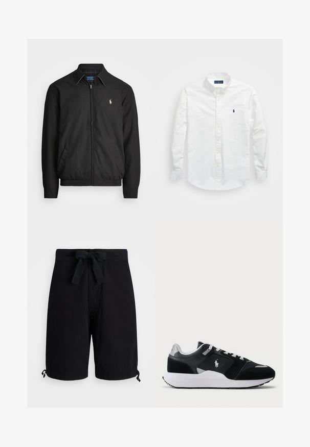 Must musta jakk, mis on valmistatud siledast materjalist. Selles on ettepoole tõmmatav tõmblukk, elastsed mansetid, küljetaskud ja rindkere peal väike tikandiga logo.; Valge puuvillane särk, millel on nokk-krae, pikad varrukad ja väike tumesinine logo rinnal. Sile pind.; Mustad mustad ujumispüksid, mis on valmistatud kergest kangast, vöökoht on seotud paelaga ja varrukatel on reguleeritavad sangad.; Mustvalge madalate tenniste kingad, mille peal on koe ja seemisnahk, valged paelad, valge talla ning külgedel polo mängija logo.