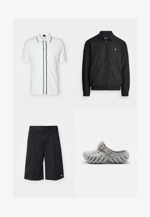 Svart bomberjacka i slätt material med dragkedja fram, elastiska ärmmuddar, sidofickor och en liten broderad logotyp på bröstet.; Vit pikétröja med korta ärmar, grön kant längs kragen och knappraden, samt krämfärgade knappar, tillverkad av ett mjukt tyg.; Vit oversized t-shirt i bomull med rund hals, korta ärmar och en etikett sydd i halsringningen. Slät textur, minimalistisk design.; Svarta shorts med en skräddarsydd design, med platta framveck, en standard midja och sidofickor. Tillverkad av hållbart tyg.; Ljust grå slip-on klumpa gjord av mjukt material med ventilationshål, ribbad sula och ett beigt justerbart band för säker passform.