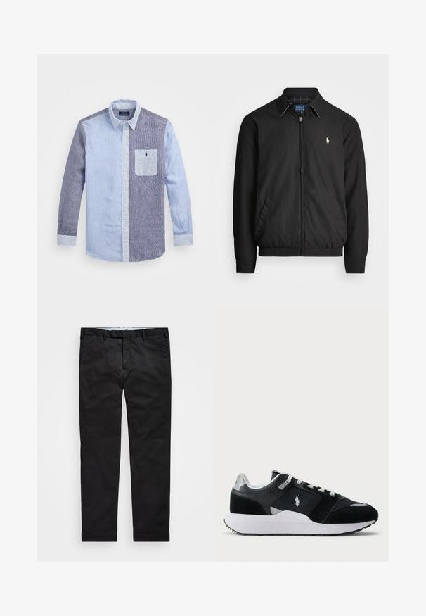 Casaco bomber preto feito de material liso, com fecho éclair à frente, punhos elásticos, bolsos laterais e um pequeno logótipo bordado no peito.; Camisa de manga longa com um design em patchwork, utilizando tecido xadrez em azul claro e azul escuro. Gola de botão e bolso com detalhe do logo.; Chinos pretos com um corte reto, feitos de tecido em mistura de algodão, apresentando fecho de zíper, passantes para cinto e bolsos laterais. Textura suave.; Sapatilha baixa em preto e branco com parte superior em malha e camurça, atacadores brancos, sola branca e um logo de jogador de polo na lateral.
