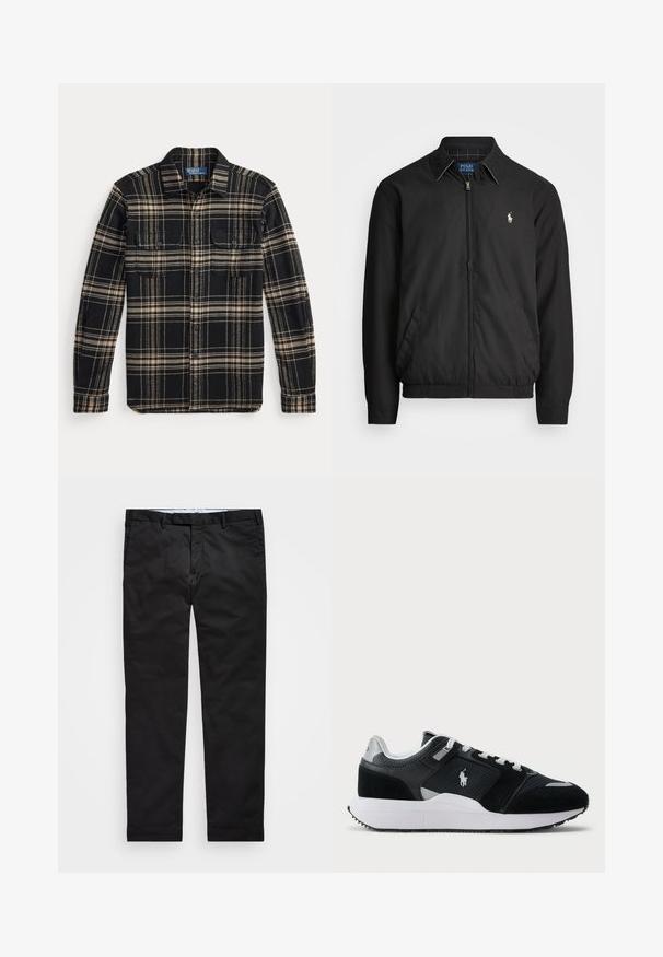 Chaqueta bomber negra hecha de material suave con cierre de cremallera en el frente, puños elásticos, bolsillos laterales y un pequeño logo bordado en el pecho.; Camisa de franela de cuadros en negro y marrón con mangas largas, dos bolsillos en el pecho y cierre de botones, que presenta una textura suave y patrones contrastantes.; Pantalones chinos negros con un corte recto, hechos de una mezcla de algodón, que cuentan con cremallera, lazos para cinturón y bolsillos laterales. Textura suave.; Zapatilla baja en blanco y negro con parte superior de malla y ante, cordones blancos, suela blanca y un logo de jugador de polo en el costado.