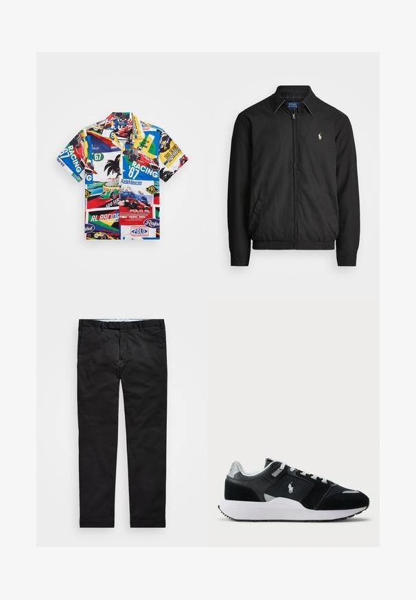Črna bomberska jakna iz gladkega materiala z zadrgo spredaj, elastičnimi manšetami, stranskimi žepi in majhno vezeno oznako na prsih.; Kratkoročne, večbarvne srajce z grafično zasnovo dirkalnika, z besedilom, logotipi in mešanico živahnih vzorcev na lahkem materialu.; Črne chinos hlače s ravnimi nogavicami, narejene iz bombažne mešanice, z zadrgo, pasom za pas in stranskimi žepi. Gladka tekstura.; Črno-bela nizka superga z zgornjim delom iz mrežice in usnja, belimi vezalkami, belo podplatom in logotipom igralca polo na strani.