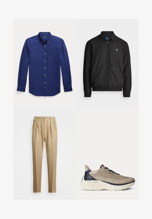 Svart bomberjakke laget av glatt materiale med glidelås foran, elastiske mansjetter, sidelommer og en liten brodert logo på brystet.; Mørkeblå langermet skjorte med knapper laget av bomull. Har spiss krage og liten grønn brodert logo på venstre bryst.; Beige linbukser med rett snitt, med to frontfold, knappeåpning og sidelommer. Teksturt stoff med en glatt finish.; Beige sportsko med teksturert mesh-overdel, marineblå aksenter, tykk hvit såle og intrikate designdetaljer. Har snører og merkevarelogo.