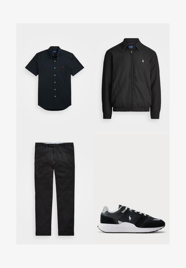 Black bomber jacket made of smooth material featuring a zip front, elastic cuffs, side pockets, and a small embroidered logo on the chest.; Short-sleeve button-up shirt in navy cotton, featuring a red logo on the left chest, white buttons, and a classic collar design.; Black chinos with a straight-leg fit, made of cotton blend fabric, featuring a zip fly, belt loops, and side pockets. Smooth texture.; Black and white low-top sneaker with mesh and suede upper, white laces, white sole, and a polo player logo on the side.