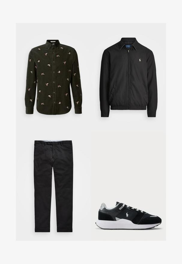 Crna bomber jakna od glatkog materijala s patentnim zatvaračem sprijeda, elastičnim rukavima, bočnim džepovima i malim izvezenim logotipom na prsima.; Tamnozeleni korduroy sako s izvezenim patkama u raznim pozama. Sako s dugim rukavima i dugmadi na manžetama.; Crne chino hlače ravnog kroja, izrađene od mješavine pamuka, s patentnim zatvaračem, petljama za remen i bočnim džepovima. Glatka tekstura.; Crno-bijeli niske tenisice s gornjim dijelom od mrežaste i antilop kože, bijelim vezicama, bijelim potplatom i logom igrača polo na bočnoj strani.