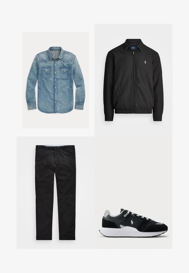 Casaco bomber preto feito de material liso, com fecho éclair à frente, punhos elásticos, bolsos laterais e um pequeno logótipo bordado no peito.; Camisa de ganga em azul claro, com colarinho pontudo, mangas longas, dois bolsos no peito e fechos de botão de pressão. Design clássico de estilo western.; Chinos pretos com um corte reto, feitos de tecido em mistura de algodão, apresentando fecho de zíper, passantes para cinto e bolsos laterais. Textura suave.; Sapatilha baixa em preto e branco com parte superior em malha e camurça, atacadores brancos, sola branca e um logo de jogador de polo na lateral.
