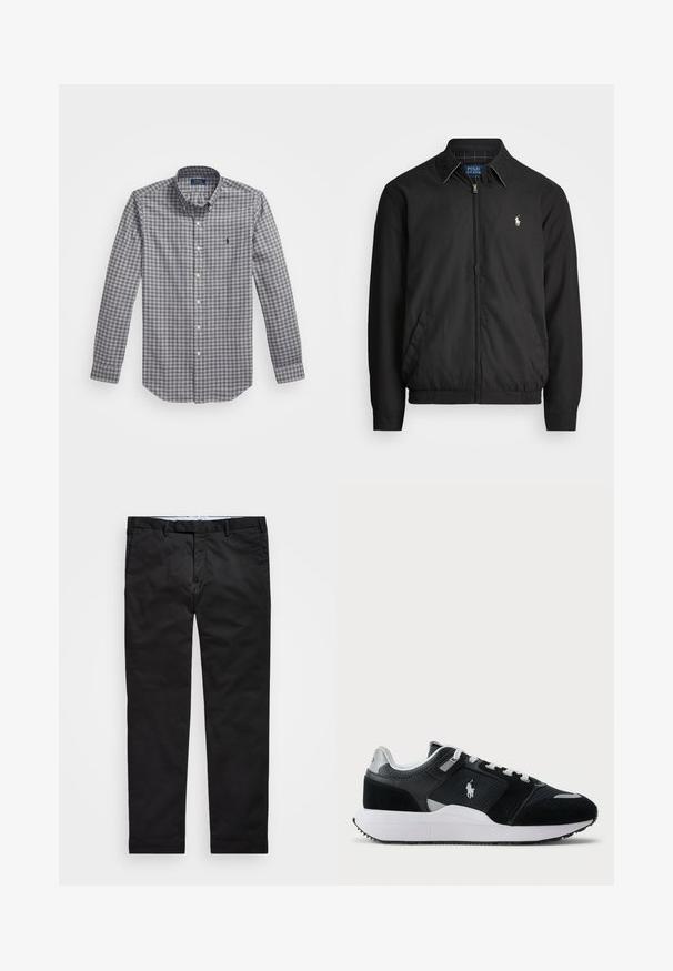 Casaco bomber preto feito de material liso, com fecho éclair à frente, punhos elásticos, bolsos laterais e um pequeno logótipo bordado no peito.; Camisa de mangas longas com padrão xadrez cinza e branco, gola abotoada, botões à frente e pequeno logótipo bordado no peito.; Chinos pretos com um corte reto, feitos de tecido em mistura de algodão, apresentando fecho de zíper, passantes para cinto e bolsos laterais. Textura suave.; Sapatilha baixa em preto e branco com parte superior em malha e camurça, atacadores brancos, sola branca e um logo de jogador de polo na lateral.