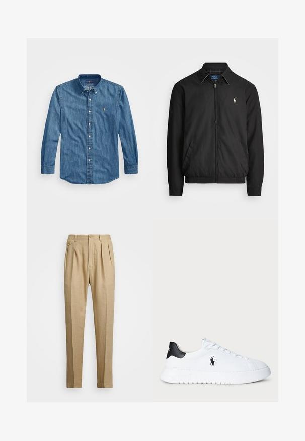 Svart bomberjakke laget av glatt materiale med glidelås foran, elastiske mansjetter, sidelommer og en liten brodert logo på brystet.; Denimbukse skjorte i mellomblå med spiss krage, lange ermer, og en liten brodert logo på brystet. Myk tekstur.; Beige linbukser med rett snitt, med to frontfold, knappeåpning og sidelommer. Teksturt stoff med en glatt finish.; Hvit lavt beskåret sneaker med svart hælflik og svart Polo Ralph Lauren-logo på siden, med hvite lisser og tykk gummisåle.