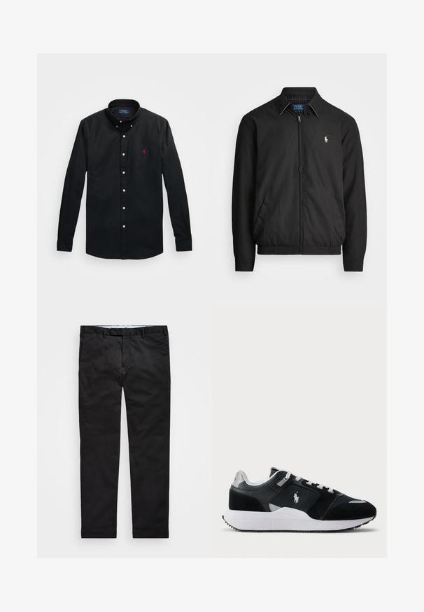 Casaco bomber preto feito de material liso, com fecho éclair à frente, punhos elásticos, bolsos laterais e um pequeno logótipo bordado no peito.; Camisa preta de botão com colarinho bem definido, apresentando botões brancos e um pequeno logótipo bordado em vermelho no lado esquerdo do peito. Material de algodão.; Chinos pretos com um corte reto, feitos de tecido em mistura de algodão, apresentando fecho de zíper, passantes para cinto e bolsos laterais. Textura suave.; Sapatilha baixa em preto e branco com parte superior em malha e camurça, atacadores brancos, sola branca e um logo de jogador de polo na lateral.