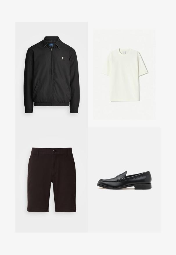 Černá bomber bunda vyrobená z hladkého materiálu, se zipem vpředu, elastickými manžetami, bočními kapsami a malým vyšitým logem na hrudi.; Bílá oversized bavlněná tričko s kulatým výstřihem, krátkými rukávy a štítkem přišitým na výstřihu. Hladká textura, minimalistický design.; Černé šortky z hladké tkaniny, s knoflíkovým zapínáním, poutky na opasek a čistými liniemi. Délka sahá těsně nad koleno.; Černé kožené mokasíny s prošívanou přední částí, hladkým povrchem, kulatou špičkou, nízkým podpatkem a jemnými dekorativními akcenty.