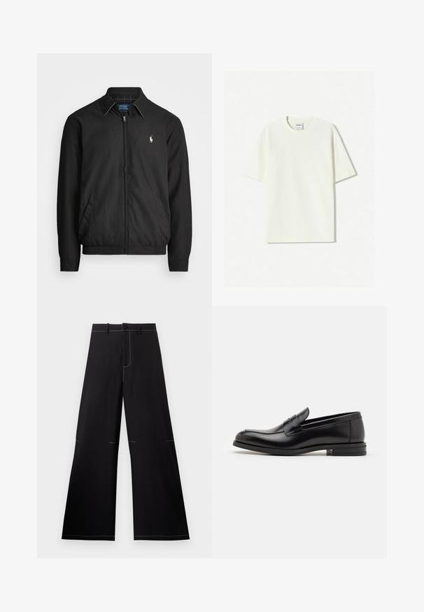 Zwarte bomberjack van glad materiaal met een rits aan de voorkant, elastische manchetten, zijzakken en een klein geborduurd logo op de borst.; Witte oversized katoenen T-shirt met een ronde hals, korte mouwen en een label dat in de hals is genaaid. Soepele textuur, minimalistisch ontwerp.; Zwarte wijde broek met witte stiksels, met een knoopsluiting en een elastische tailleband met riemlussen. Gemaakt van lichte stof.; Zwarte leren instappers met een gladde textuur, ronde neus en een decoratieve band over de wreef. Lage, gestapelde hak en minimalistisch ontwerp.