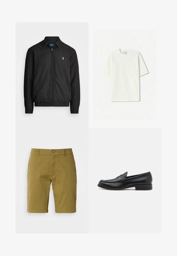 Black bomber jacket made of smooth material featuring a zip front, elastic cuffs, side pockets, and a small embroidered logo on the chest.; White oversized cotton T-shirt with a crew neck, short sleeves, and a label sewn into the neckline. Smooth texture, minimalistic design.; Olive green shorts made of cotton blend, featuring a front button closure, belt loops, and side pockets. Smooth texture, tailored fit.; Black leather loafer with a stitched moccasin front, smooth finish, rounded toe, low heel, and subtle decorative accents.