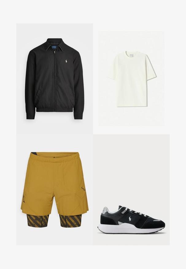 Veste bomber noire en matériau lisse, dotée d'une fermeture éclair à l'avant, de poignets élastiques, de poches latérales et d'un petit logo brodé sur la poitrine.; T-shirt blanche surdimensionnée en coton avec un col rond, des manches courtes et une étiquette cousue dans le col. Texture lisse, design minimaliste.; Shorts de course pour hommes avec une couche extérieure texturée couleur moutarde, intérieur noir avec des rayures dorées diagonales et une ceinture élastique.; Baskets basses noir et blanc avec une tige en mesh et en daim, lacets blancs, semelle blanche et un logo de joueur de polo sur le côté.