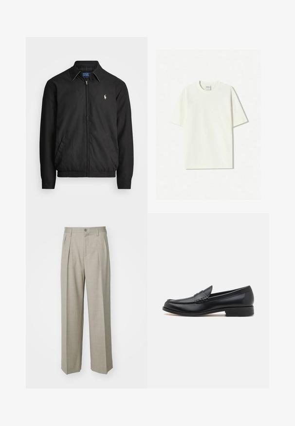 Černá bomber bunda vyrobená z hladkého materiálu, se zipem vpředu, elastickými manžetami, bočními kapsami a malým vyšitým logem na hrudi.; Bílá oversized bavlněná tričko s kulatým výstřihem, krátkými rukávy a štítkem přišitým na výstřihu. Hladká textura, minimalistický design.; Filippa K WIDE TROUSERS - Kalhoty - sage melange; Černé kožené mokasíny s prošívanou přední částí, hladkým povrchem, kulatou špičkou, nízkým podpatkem a jemnými dekorativními akcenty.