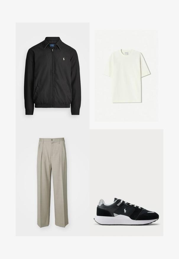 Čierna bomber bunda vyrobená z hladkého materiálu s predným zipsom, elastickými manžetami, bočnými vreckami a malým vyšívaným logom na hrudi.; Biela nadmerná bavlnená tričká s krátkym rukávom a okrúhlym výstrihom, s etikettou pri krku. Hladká textura, minimalistický dizajn.; Filippa K WIDE TROUSERS - Nohavice - sage melange; Čierno-biele nízke tenisky s vrchnou časťou z jemnej sieťoviny a semišu, bielymi šnúrkami, bielou podrážkou a logom jazdca na boku.