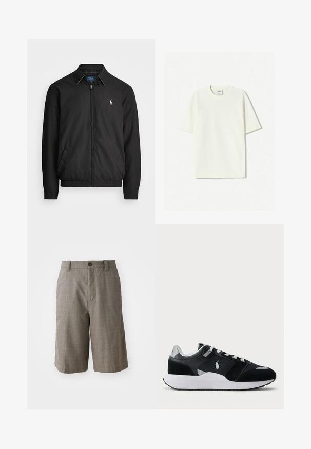 Black bomber jacket made of smooth material featuring a zip front, elastic cuffs, side pockets, and a small embroidered logo on the chest.; White oversized cotton T-shirt with a crew neck, short sleeves, and a label sewn into the neckline. Smooth texture, minimalistic design.; Gray plaid shorts with a tailored design, featuring a front button closure and two side pockets. Made from textured fabric.; Black and white low-top sneaker with mesh and suede upper, white laces, white sole, and a polo player logo on the side.