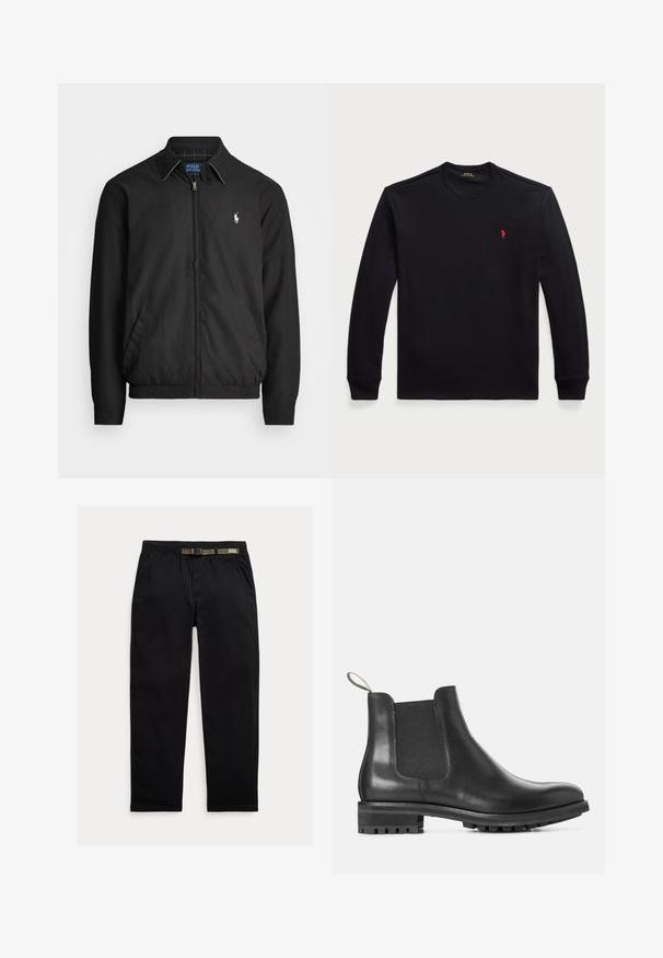 Casaco bomber preto feito de material liso, com fecho éclair à frente, punhos elásticos, bolsos laterais e um pequeno logótipo bordado no peito.; Camisa de algodão preta de manga longa com decote redondo, apresentando um pequeno logótipo vermelho no peito. Textura suave e design ajustado.; Calças pretas feitas de um tecido leve, com uma cintura elástica com um cinto verde integrado, corte reto e bolsos laterais.; Bota Chelsea de couro preto com painel lateral elástico, bico arredondado e sola de borracha com um padrão texturizado para aderência.