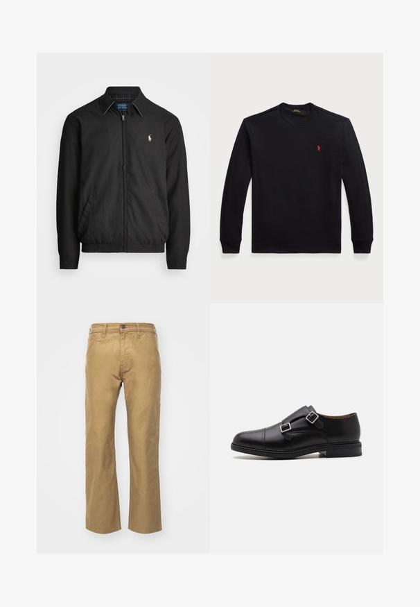 Must musta jakk, mis on valmistatud siledast materjalist. Selles on ettepoole tõmmatav tõmblukk, elastsed mansetid, küljetaskud ja rindkere peal väike tikandiga logo.; Mustika musterteemaline must puuvillane särk pikkade varrukatega ja ümmarguse kaelusega, millel on rinnal väike punane logo. Sile tekstuur ja keha lähedane disain.; Khaki puuvillased püksid. Sirge lõikega, millel on vöökohus ja ees olevad taskud. Seal on üks tagatasku ja kerged õmblusdetailid.; Must musta lähedane king, millel on topelt luku sulgemine, ümar varvas, peened õmblused ja lame, tekstureeritud kummitald.