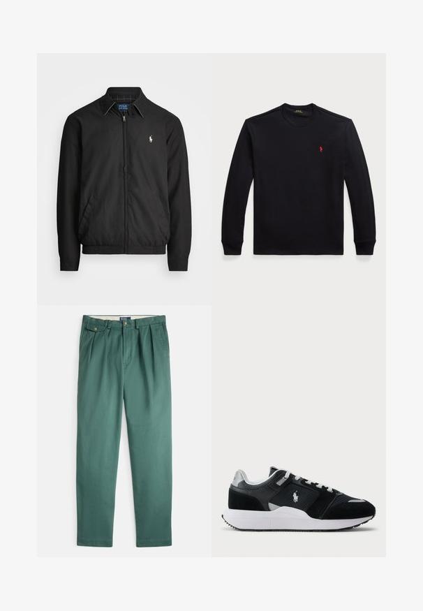 Czarna kurtka bombowiec wykonana z gładkiego materiału, z zamkiem z przodu, elastycznymi mankietami, kieszeniami bocznymi i małym haftowanym logo na klatce piersiowej.; Czarna bawełniana koszula z długim rękawem i okrągłym dekoltem, z małym czerwonym logo na piersi. Gładka tekstura i dopasowany krój.; Zielone bawełniane spodnie z zakładkami, dwoma przednimi kieszeniami i zapięciem na guzik. Posiadają prosty krój nogawek i gładką fakturę.; Czarno-białe niskie trampki z siateczkowym i zamszowym wierzchem, białymi sznurówkami, białą podeszwą oraz logo zawodnika polo z boku.