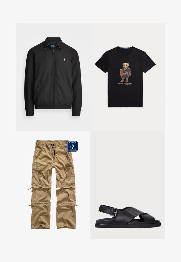 Zwarte bomberjack van glad materiaal met een rits aan de voorkant, elastische manchetten, zijzakken en een klein geborduurd logo op de borst.; Zwart T-shirt met ronde hals met een afbeelding van een beer die een zonnebril draagt, winterkleding aan heeft en een sneeuwschoen vasthoudt, met het label "Polo Bear by Ralph Lauren."; Khaki cargobroek gemaakt van waterafstotende stof. Voorzien van meerdere met rits afsluitbare zakken en afneembare onderbenen voor veelzijdigheid.; Polo Ralph Lauren ZANE LEATHER SANDAL - Sandalen - black