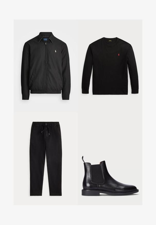 Melna bomber jaka, izgatavota no gludas auduma, ar rāvējslēdzēja priekšpusi, elastīgām piedurknēm, sānu kabatām un mazu izšūtu logotipu uz krūtīm.; Melnas garās piedurknes T-krekls no kokvilnas. Iezīmēts ar apaļu kakla izgriezumu, ribotiem piedurknēm un mazu sarkanu izšūtu logotipu uz krūts. Gluda tekstūra.; Melnas ikdienas bikses ar elastīgu josta, aukliņu, priekšējo pogu un sānu kabatām, attēlotas uz neitrāla fona.; Melnas ādas Chelsea zābaki ar elastīgām sānu paneļiem, teksturētu virsmu, noapaļotu purngalu un zemu krūšu papēdi. Iekļauts pārvilkšanas cilpiņa vieglai uzvilkšanai.