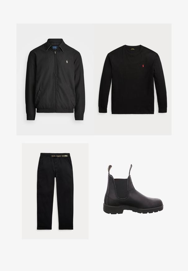 Musta bomber-takki, joka on valmistettu sileästä materiaalista ja jossa on vetoketjukiinnitys, joustavat hihansuut, sivutaskut ja pieni brodeerattu logo rinnassa.; Musta pitkähihaisen t-paita 100 % puuvillaa. Ominaisuuksiin kuuluu pyöreä pääntie, ribatut hihansuut ja pieni punainen brodeerattu logo rinnassa. Silkkinen pinta.; Mustat housut, jotka on valmistettu kevyestä kankaasta. Niissä on joustava vyötärö, johon on integroitu vihreä vyö, suora lahje ja sivutaskut.; Mustat nahka nilkkurit, joissa on elastiset sivupaneelit, pyöreä kärki ja kumipohja. Takana on vetoketju, joka helpottaa pukemista.