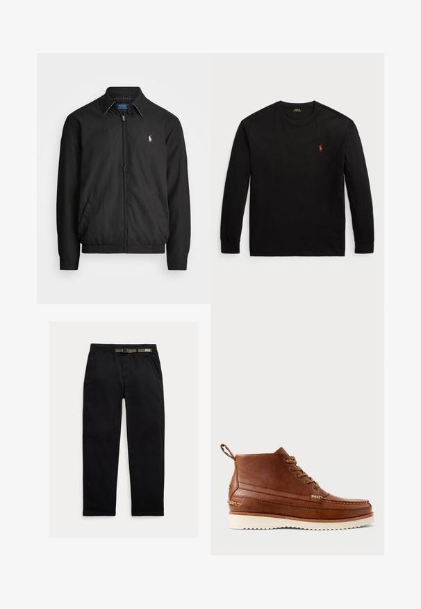 Crna bomber jakna od glatkog materijala s patentnim zatvaračem sprijeda, elastičnim rukavima, bočnim džepovima i malim izvezenim logotipom na prsima.; Crna majica dugih rukava od pamuka. Ima okrugli izrez, rebraste manšete i mali crveni izvezeni logo na prsima. Glatka tekstura.; Crne hlače izrađene od laganog materijala, s elastičnim pojasom i integriranim zelenim remenom, ravnog kroja i bočnim džepovima.; Smeđe kožne gležnjače s kremasto bijelom gumenenom petom, vezanje sprijeda, šavovi u obliku mokasina i petna oznaka na stražnjem dijelu, prikazane u profilu na bijeloj pozadini.