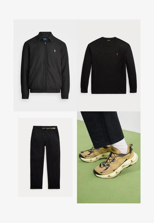 Schwarze Bomberjacke aus glattem Material mit Frontreißverschluss, elastischen Bündchen, seitlichen Taschen und einem kleinen gestickten Logo auf der Brust.; Schwarzes Langarm-T-Shirt aus Baumwolle. Verfügt über einen Rundhals, gerippte Bündchen und ein kleines rotes gesticktes Logo auf der Brust. Glatte Textur.; Schwarze Hose aus leichtem Material, mit einem elastischen Bund und einem integrierten grünen Gürtel, geradem Beinabschluss und seitlichen Taschen.; Tan und schwarze Sneakers mit Mesh-Obermaterial, klobiger weißer Sohle, schwarzen Schnürsenkeln und einer Schlaufe zum Anziehen. GORE-TEX-Logo auf der Seite sichtbar.