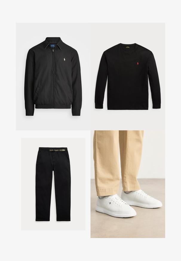 Zwarte bomberjack van glad materiaal met een rits aan de voorkant, elastische manchetten, zijzakken en een klein geborduurd logo op de borst.; Zwarte longsleeve t-shirt van katoen. Heeft een ronde hals, ribgebreide manchetten en een klein rood geborduurd logo op de borst. Vlotte textuur.; Zwarte broek van lichtgewicht stof, met een elastische tailleband en een geïntegreerde groene riem, recht model en zijzakken.; Witte leren sneakers met een gladde afwerking, voorzien van een ronde neus, vlechtontwerp en subtiele logo-detail aan de zijkant, gecombineerd met beige broek.