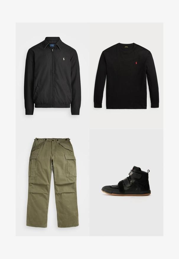 Melna bomber jaka, izgatavota no gludas auduma, ar rāvējslēdzēja priekšpusi, elastīgām piedurknēm, sānu kabatām un mazu izšūtu logotipu uz krūtīm.; Melnas garās piedurknes T-krekls no kokvilnas. Iezīmēts ar apaļu kakla izgriezumu, ribotiem piedurknēm un mazu sarkanu izšūtu logotipu uz krūts. Gluda tekstūra.; Olive zaļas militārās bikses, izgatavotas no teksturēta auduma, ar vairākām priekšējām un sānu kabatām un pastiprinātām šuvēm.; Melni augstpapēžu apavi ar divām regulējamām jostām, teksturēta ādas virsma, sieta detaļas un gumijas zole.