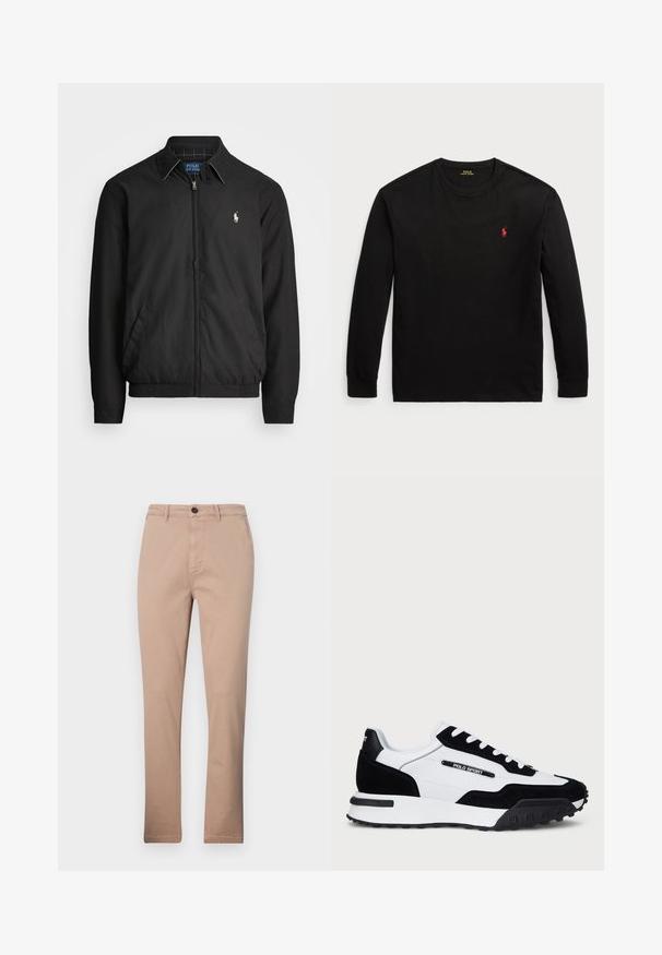 Musta bomber-takki, joka on valmistettu sileästä materiaalista ja jossa on vetoketjukiinnitys, joustavat hihansuut, sivutaskut ja pieni brodeerattu logo rinnassa.; Musta pitkähihaisen t-paita 100 % puuvillaa. Ominaisuuksiin kuuluu pyöreä pääntie, ribatut hihansuut ja pieni punainen brodeerattu logo rinnassa. Silkkinen pinta.; Beige chinos valmistettu puuvillasekoitteesta, suoralla lahkeella, etutaskuilla ja yhdessä nappisuljennalla. Suora rakenne.; Kengät mustasta mokasta ja valkoisesta nahasta, joissa on musta kumipohja, valkoiset nauhat ja "POLO SPORT" -logo sivussa.