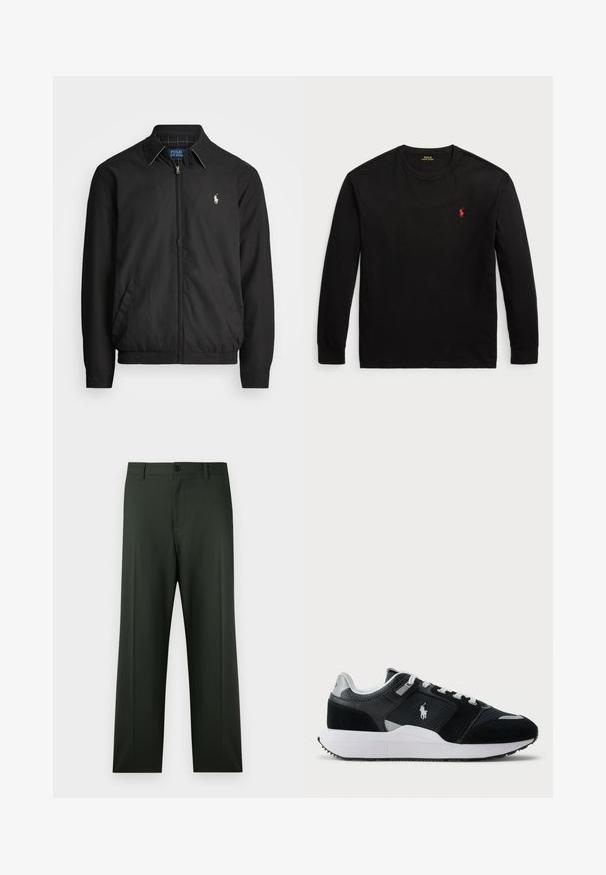 Crna bomber jakna od glatkog materijala s patentnim zatvaračem sprijeda, elastičnim rukavima, bočnim džepovima i malim izvezenim logotipom na prsima.; Crna majica dugih rukava od pamuka. Ima okrugli izrez, rebraste manšete i mali crveni izvezeni logo na prsima. Glatka tekstura.; Tamnozelene hlače ravnog kroja s kopčanjem na prednjoj strani na gumbe, naramenicama za remen i glatkim, blago teksturiranim tkanjem.; Crno-bijeli niske tenisice s gornjim dijelom od mrežaste i antilop kože, bijelim vezicama, bijelim potplatom i logom igrača polo na bočnoj strani.