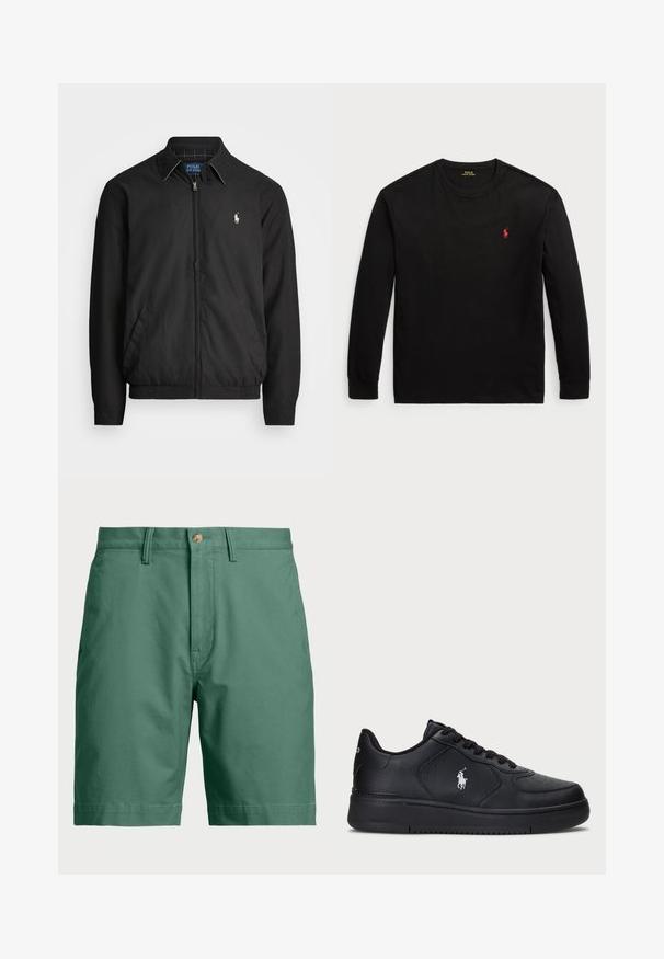 Juodas bombonešis, pagamintas iš lygios medžiagos, su užtrauktuku priekyje, elastingomis rankogaliais, šalutinėmis kišenėmis ir maža siuvinėta logotipu ant krūtinės.; Juodas ilgomis rankovėmis t-shirt, pagamintas iš medvilnės. Turi apvalų kaklą, suglebusius rankogalius ir mažą raudoną siuvinėtą logotipą ant krūtinės. Lygi tekstūra.; Žalios medvilnės šortai su mygtuko užsegimu ir dirželių kilpomis. Paprastas dizainas su tiesia forma ir be matomų raštų ar akcentų.; Juodi odiniai sportbačiai su perforuotu dizainu, plokščia raištelių uždanga ir balta išsiuvinėta logo šone. Storais juodais gumos padais.