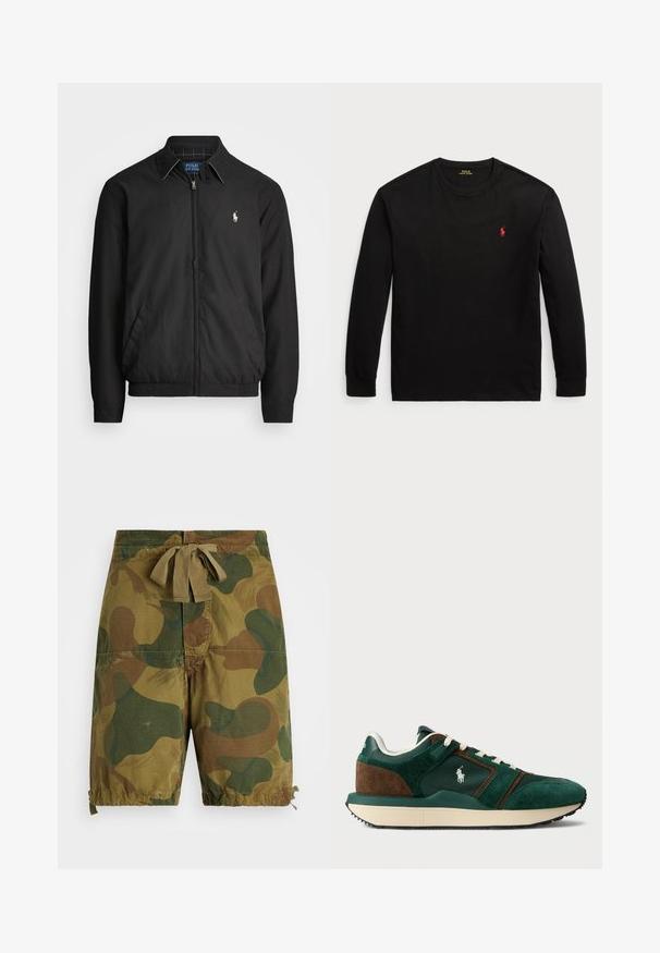 Μαύρο μπουφάν bomber από λείο υλικό με φερμουάρ μπροστά, ελαστικούς καρπούς, πλαϊνές τσέπες και μικρό κεντητό λογότυπο στο στήθος.; Μαύρο μπλουζάκι με μακριά μανίκια από βαμβάκι. Διαθέτει στρογγυλή λαιμόκοψη, ριγωτές μανσέτες και ένα μικρό κόκκινο κεντητό λογότυπο στο στήθος. Λείο υφή.; Καμουφλάζ σορτσάκια σε αποχρώσεις πράσινου και καφέ, κατασκευασμένα από ελαφρύ ύφασμα, με ρυθμιζόμενη μέση και λεπτομέρειες σε συγκεντρωμένο στρίφωμα.; Ανδρικά αθλητικά παπούτσια σε σκούρο πράσινο και καφέ suede, με πάνελ από διχτυωτό υλικό, λευκές κλωστές και λάστιχο σόλα. Διαθέτουν λογότυπο στο πλάι.