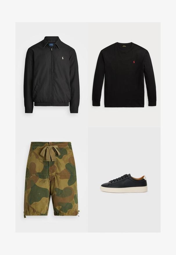 Black bomber jacket made of smooth material featuring a zip front, elastic cuffs, side pockets, and a small embroidered logo on the chest.; Black long-sleeve t-shirt made of cotton. Features a crew neck, ribbed cuffs, and a small red embroidered logo on the chest. Smooth texture.; Camouflage shorts in shades of green and brown, made of lightweight fabric, featuring a drawstring waist and gathered hem details.; Black leather sneakers with a smooth texture, beige rubber sole, lace-up design, and a contrasting heel accent.