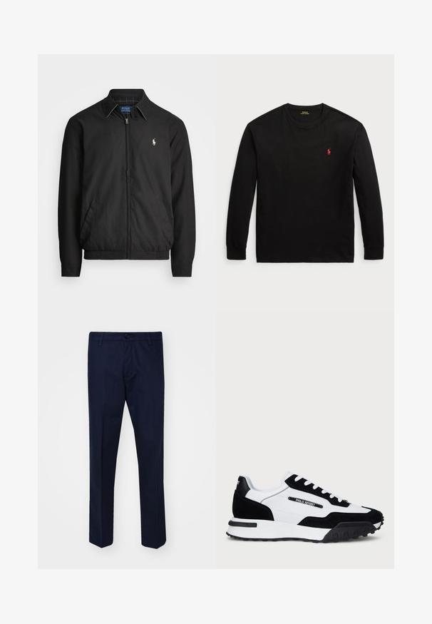 Casaco bomber preto feito de material liso, com fecho éclair à frente, punhos elásticos, bolsos laterais e um pequeno logótipo bordado no peito.; Camisola de manga longa preta feita de algodão. Apresenta um colarinho redondo, punhos canelados e um pequeno logo bordado vermelho no peito. Textura suave.; Calças azul-marinho feitas de um tecido suave, com pernas retas, fecho de botão e bolsos frontais.; Ténis com um cabedal em camurça preta e pele branca, apresentando uma sola em borracha preta, atacadores brancos e um logo "POLO SPORT" na lateral.