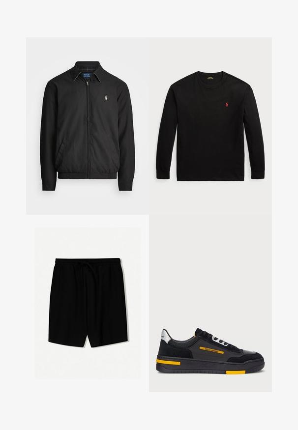 Sort bomberjakke lavet af glat materiale med lynlåslukning foran, elastiske manchetter, sidelommer og et lille broderet logo på brystet.; Sort langærmet t-shirt lavet af bomuld. Har en rund halsudskæring, ribbede manchetter og et lille rødt broderet logo på brystet. Glat tekstur.; Sorte shorts lavet af letvægtsmateriale, der har en elastisk talje med snoretræk, frontfolder og længde over knæene.; Sorte sneakers med overdel i ruskind og mesh, gule accenter og en tyk sort sål. Snøre lukning og "POLO SPORT" mærkning på siden.