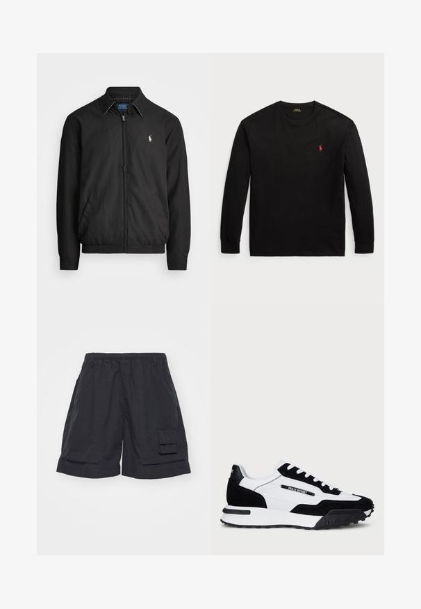 Casaco bomber preto feito de material liso, com fecho éclair à frente, punhos elásticos, bolsos laterais e um pequeno logótipo bordado no peito.; Camisola de manga longa preta feita de algodão. Apresenta um colarinho redondo, punhos canelados e um pequeno logo bordado vermelho no peito. Textura suave.; Bermudas pretas com cintura elástica, apresentando um bolso lateral e um corte largo. Feitas de tecido leve, com uma textura suave.; Ténis com um cabedal em camurça preta e pele branca, apresentando uma sola em borracha preta, atacadores brancos e um logo "POLO SPORT" na lateral.