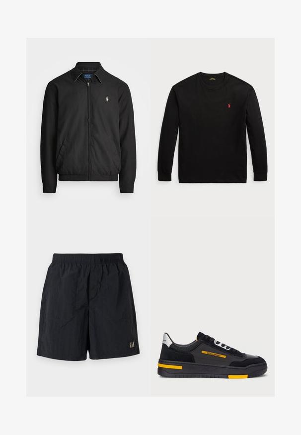 Giacca bomber nera realizzata in materiale liscio, con chiusura a zip frontale, polsini elasticizzati, tasche laterali e un piccolo logo ricamato sul petto.; T-shirt nero a maniche lunghe in cotone. Presenta un collo tondo, polsini a coste e un piccolo logo rosso ricamato sul petto. Texture liscia.; Pantaloni corti neri con cintura elastica, con un'etichetta logo in basso a destra, realizzati in tessuto leggero con una texture stropicciata.; Sneaker nere con una parte superiore in camoscio e rete, dettagli gialli e una suola nera spessa. Chiusura con lacci e marchio "POLO SPORT" sul lato.