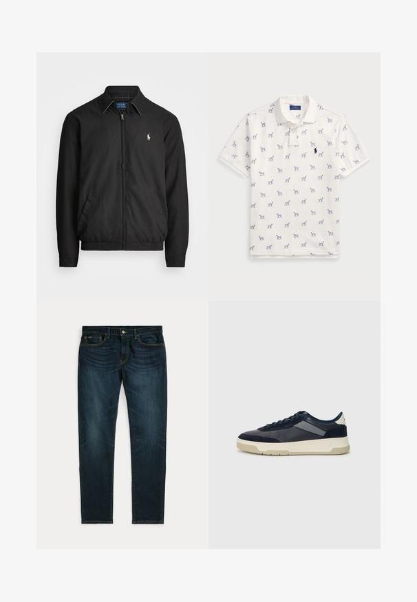 Čierna bomber bunda vyrobená z hladkého materiálu s predným zipsom, elastickými manžetami, bočnými vreckami a malým vyšívaným logom na hrudi.; Biely polo tričko vyrobené z bavlny, s opakujúcim sa modrým vzorom psíka a malým modrým logom na hrudi. Krátke rukávy a golier.; Tmavé denim jeans s úzkym strihom. Medzi ich funkcie patrí zapínanie na gombíky, päť vreciek a kontrastné žlté prešívanie. Hladká textúra, rovné nohy.; BOSS BALTIMORE - Tenisky - open blue