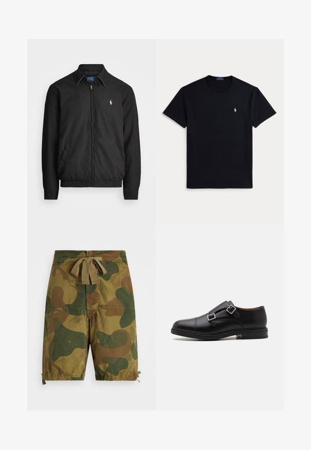 Svart bomberjakke laget av glatt materiale med glidelås foran, elastiske mansjetter, sidelommer og en liten brodert logo på brystet.; Svart bomull t-skjorte med rund hals, korte ermer og en liten brodert logo på venstre bryst. Jevn tekstur.; Kamuflasjonsshorts i ulike nyanser av grønn og brun, laget av lett materiale, med snorstreng i livet og rynkede nederdelsdetaljer.; Sorte lærdressko med dobbel spenne, rund tå, subtil søm, og en flat, teksturert gummisåle.
