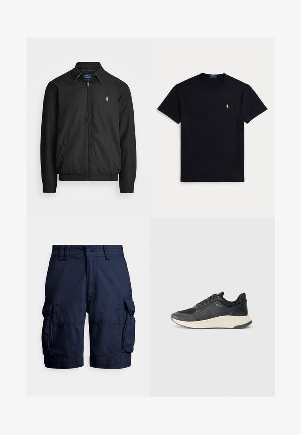 Fekete bomber dzseki sima anyagból, elülső cipzárral, rugalmas mandzsettákkal, oldalsó zsebekkel és egy kis hímzett logóval a mellen.; Fekete pamut póló környakkal, rövid ujjakkal és egy kis hímzett logóval a bal mellrészen. Simább tapintású anyag.; Tengerészkék munkaruházat nadrág, tartós anyagból készült, oldalzsebekkel, gombos zárral és varrott részletekkel a textúra érdekében.; Fekete sportcipő, amely hálós felső résszel és perforációkkal rendelkezik, krém színű, texturált középtalppal és gumitalppal a tapadás érdekében.