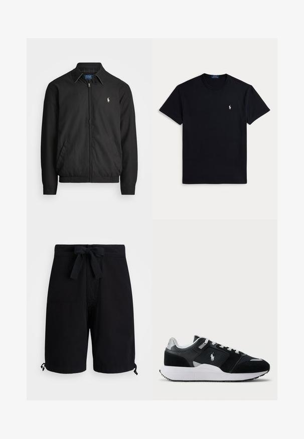 Casaco bomber preto feito de material liso, com fecho éclair à frente, punhos elásticos, bolsos laterais e um pequeno logótipo bordado no peito.; Camiseta preta de algodão com decote redondo, mangas curtas e pequeno logótipo bordado no lado esquerdo do peito. Textura suave.; Calções de banho pretos feitos de um tecido leve, com um cordão ajustável na cintura e detalhes ajustáveis nas bainhas.; Sapatilha baixa em preto e branco com parte superior em malha e camurça, atacadores brancos, sola branca e um logo de jogador de polo na lateral.