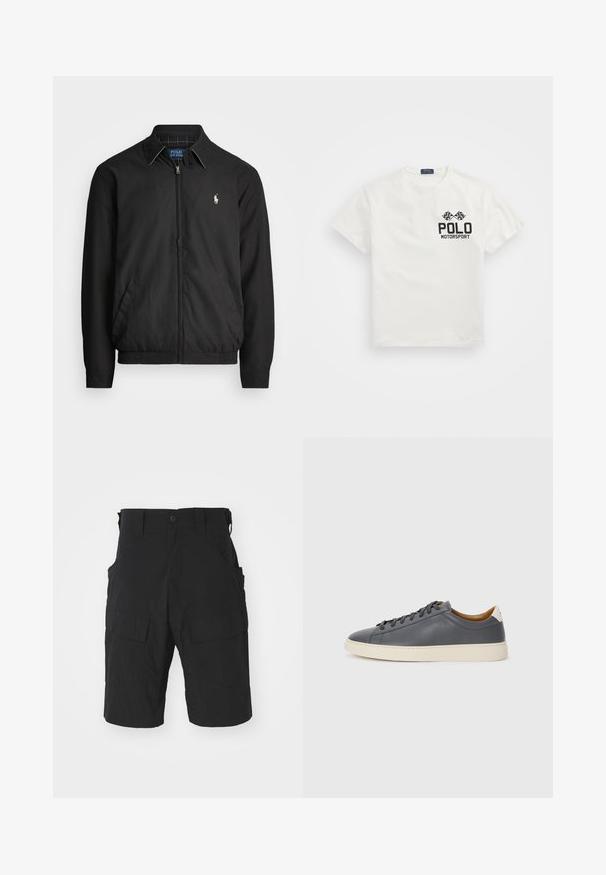 Schwarze Bomberjacke aus glattem Material mit Frontreißverschluss, elastischen Bündchen, seitlichen Taschen und einem kleinen gestickten Logo auf der Brust.; Weißes Baumwoll-T-Shirt mit Rundhalsausschnitt, das auf der linken Brust ein schwarzes "Polo Motorsport"-Logo und gekreuzte Zielflaggen zeigt.; Schwarze Cargo-Shorts aus leichtem Stoff mit mehreren Taschen, einem Knopfverschluss und einer lockeren Passform mit knielanger Länge.; Graue Lederturnschuhe mit runder Zehenpartie, Gummisohle, flachen Schnürsenkeln und hellen Akzenten an der Ferse. Glatte Textur und minimalistisches Design.